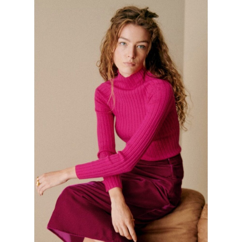 Sezane Hot Pink Ribbed Turtleneck Sweater